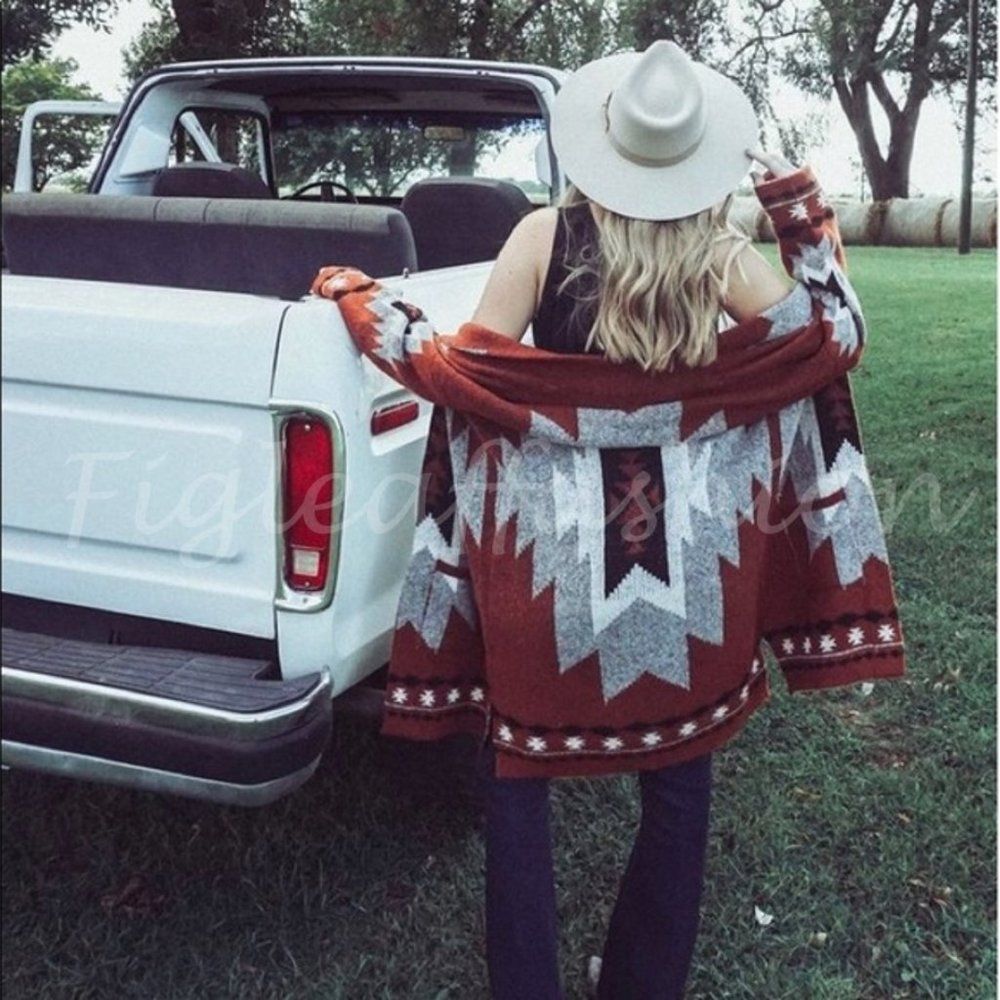 New Tribal Boho Brown Western Cardigan Sweater - Picture 2 of 6